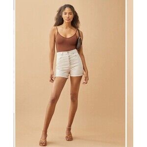 Reformation Amy Button Fly High Rise Jean Shorts Bone Beige Cotton Size 27